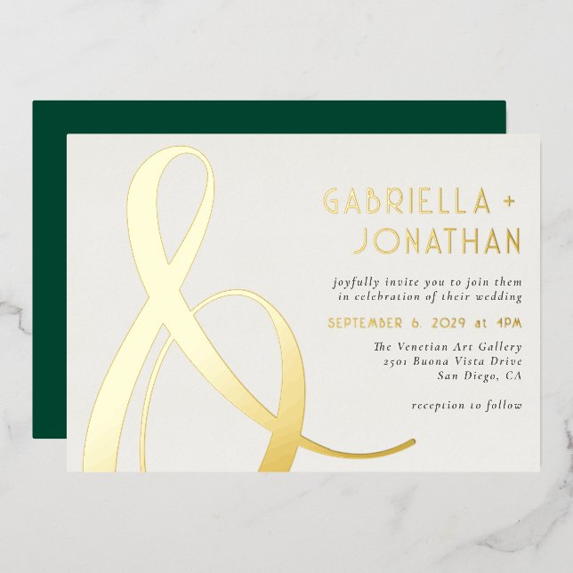 Elegante Gold Ampersand Smaragdgrüne Creme Hochzei Folieneinladung (Vorderseite/Rückseite)