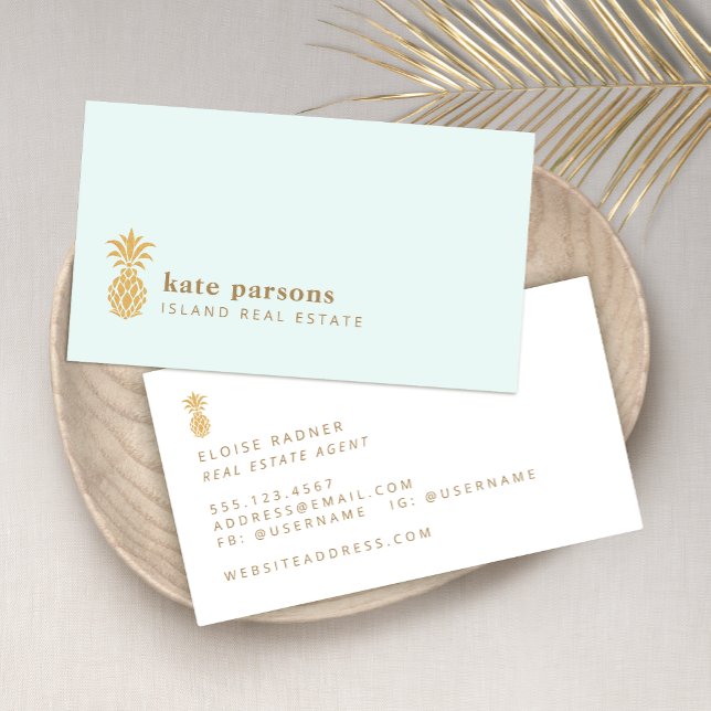 Elegante Gold Ananas Pastel BLue Business Card Visitenkarte (Von Creator hochgeladen)