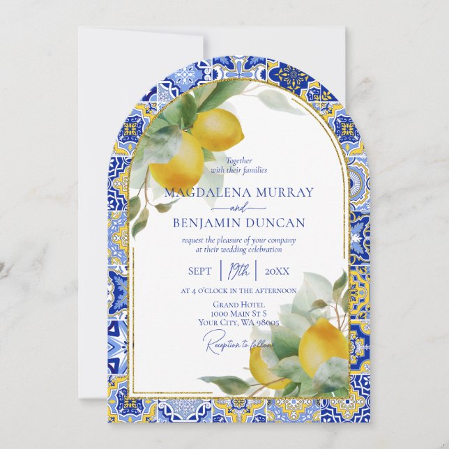 Elegante Gold Arch Italienisch Blue Tile Lemons We Einladung (Vorderseite)