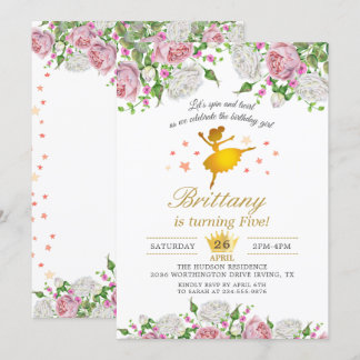 Elegante Gold Ballerina Floral Girl Geburtstagspar Einladung
