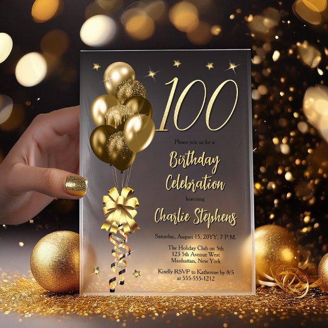 Elegante Gold Ballons auf der Black 100 Birthday P (Elegant Faux Gold Glitter Accented Balloons - Fade to Black Backing 100th Birthday Vellum Invitation)