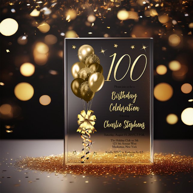 Elegante Gold Ballons auf der Black 100 Birthday P Acryleinladungen (Elegant Faux Gold Glitter Accented Balloons on Fade to Black Backing 100th Birthday Acrylic Invite)