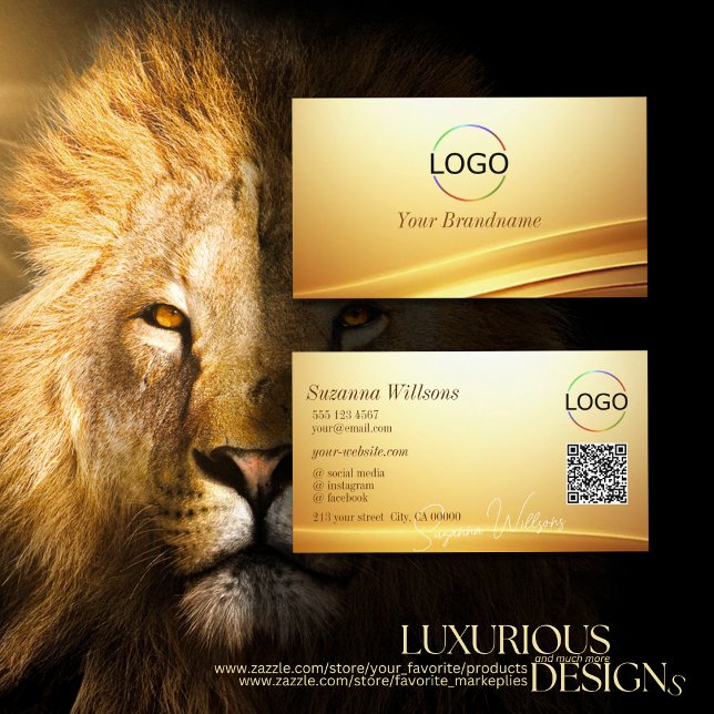 Elegante Gold Beige Curve Dekoration mit Logo QR C Visitenkarte (Von Creator hochgeladen)