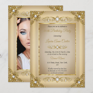 Elegante Gold Beige Perlen Foto Geburtstagsfeier Einladung