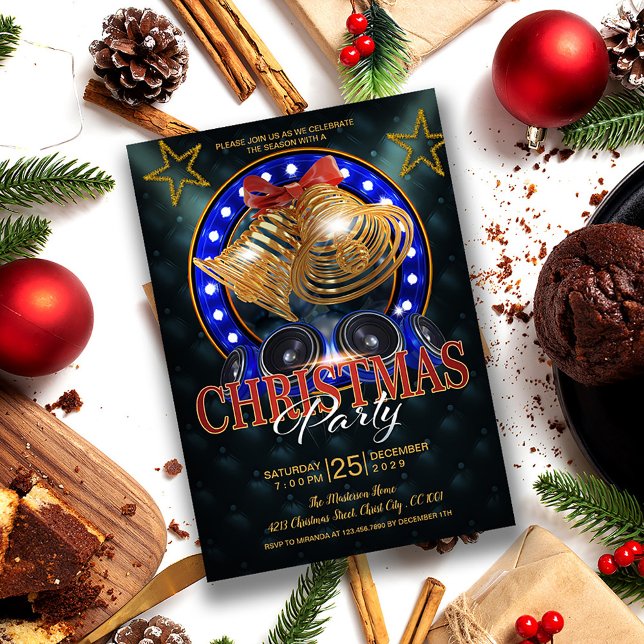 Elegante Gold Bells und Gold Stars Weihnachten Einladung (Von Creator hochgeladen)