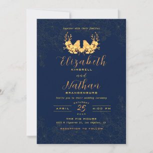 Elegante Gold Birds Floral Navy Blue Wedding Einladung