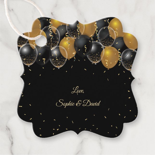 Elegante Gold Black Balloons Confetti Wedding Geschenkanhänger (Vorderseite)