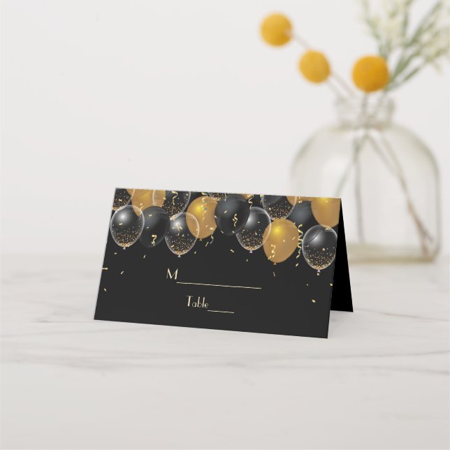 Elegante Gold Black Balloons Confetti Wedding Platzkarte (Vorderseite)