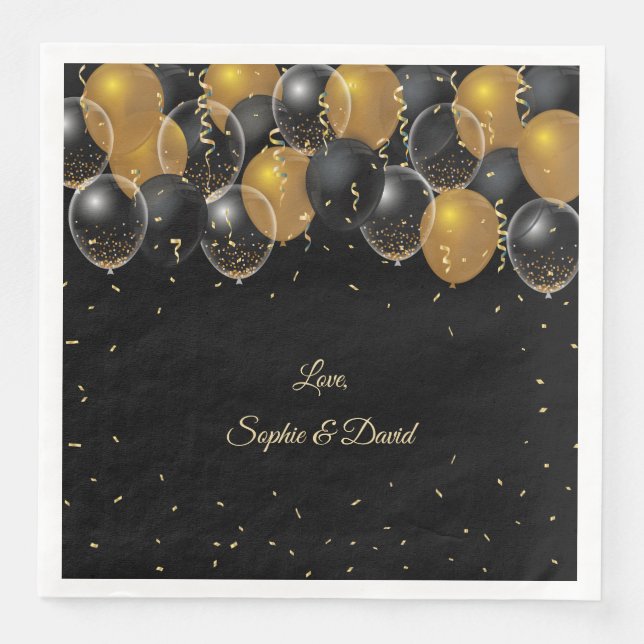 Elegante Gold Black Balloons Confetti Wedding Serviette (Vorderseite)