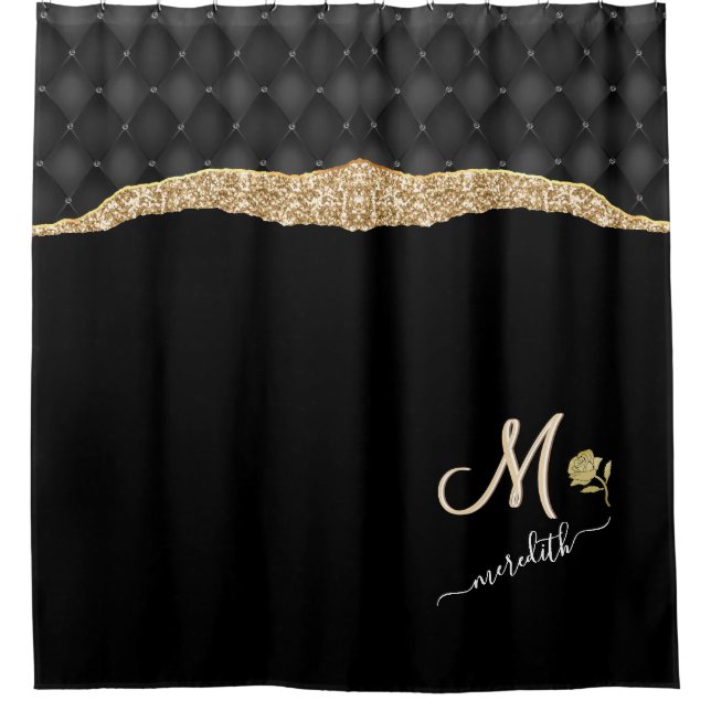 Elegante Gold Black Custom Monogram Name Rose Duschvorhang (Vorderseite)