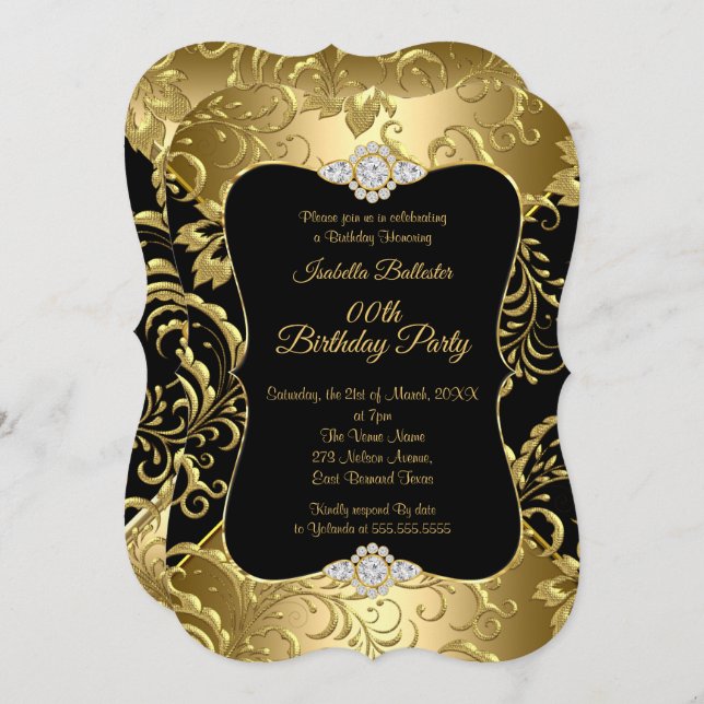 Elegante Gold Black Damask Blumengarten Geburtstag Einladung (Vorne/Hinten)