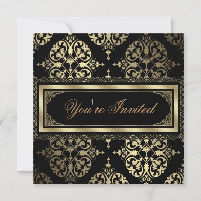 Elegante Gold Black Damask Party Einladungen (Vorderseite)