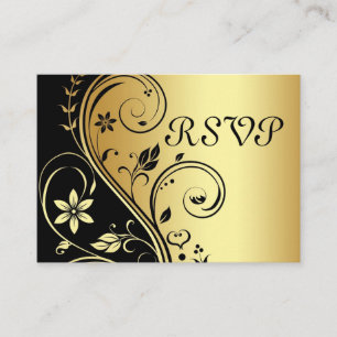 Elegante Gold & Black Floral Scroll RSVP Karte