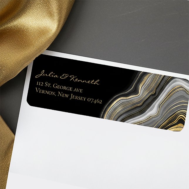 Elegante Gold Black Marble Wedding Rücksendeadress (Von Creator hochgeladen)