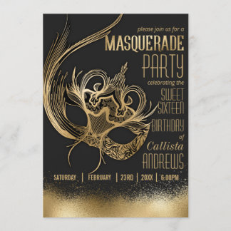 Elegante Gold Black Masquerade 16 . Geburtstag Einladung