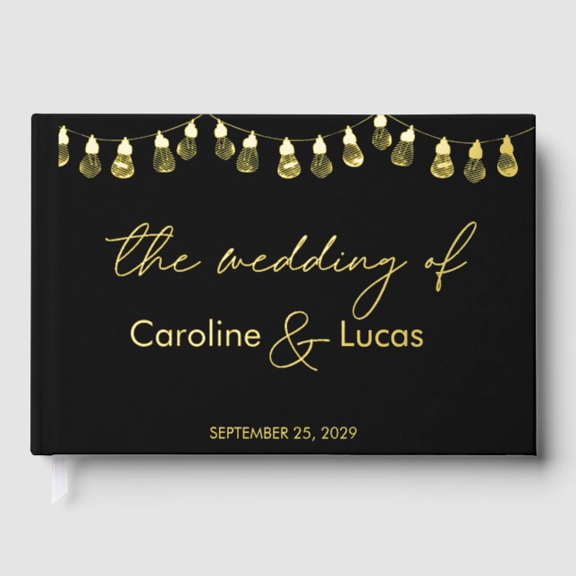 Elegante Gold Black Modern Foto Monogram Wedding Gästebuch (Vorderseite)