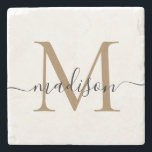 Elegante Gold Black Monogram Feminine Script Name Steinuntersetzer<br><div class="desc">Eleganter Gold Black Monogram Feminine Script Name Stone Untersetzer</div>