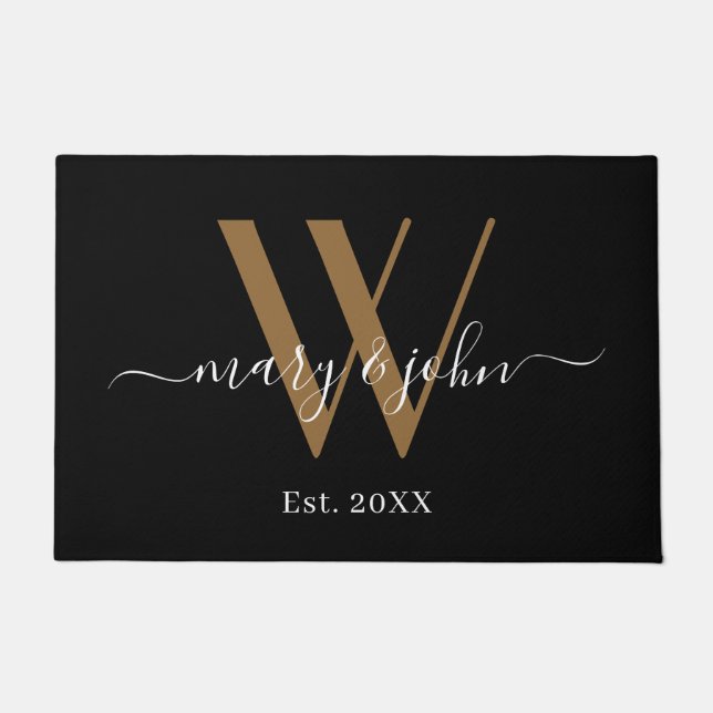 Elegante Gold Black Names Script Monogram Wedding Fußmatte (Vorderseite)