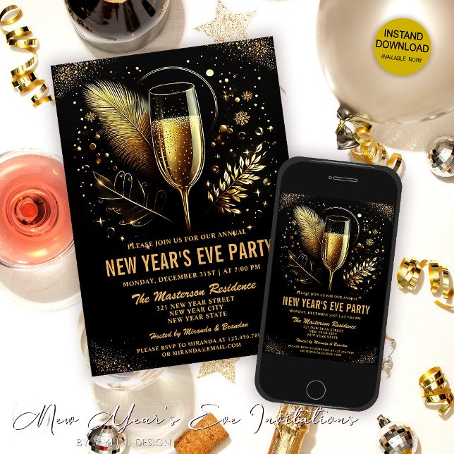 Elegante Gold Black New Year's Eve Party Einladung (Von Creator hochgeladen)
