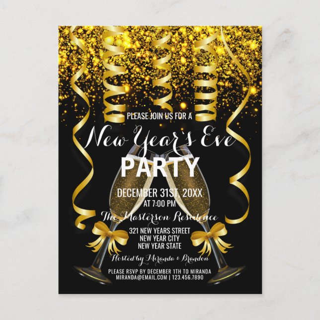 Elegante Gold Black New Year's Eve Party Einladung Postkarte (Vorderseite)
