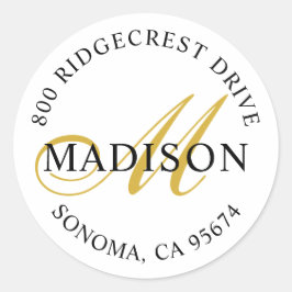 Elegante Gold Black Script Monogram Rücksendeadres Runder Aufkleber