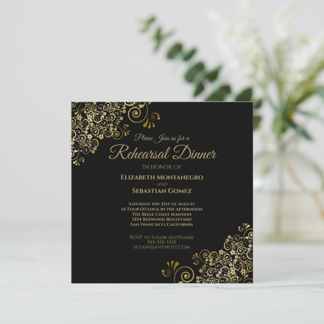 Elegante Gold Black Wedding Probe Dinner Square Einladung (Stehend Vorderseite)