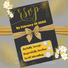 Elegante Gold & Black Wedding RSVP Card mit floral Karte