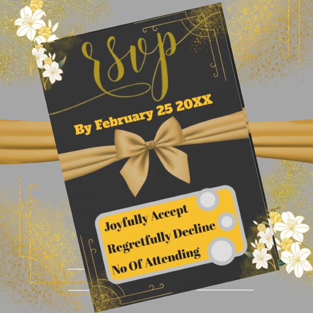 Elegante Gold & Black Wedding RSVP Card mit floral Karte (Von Creator hochgeladen)