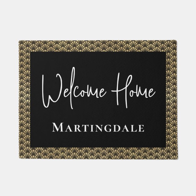 Elegante Gold Black Welcome Zuhause Monogram Name Fußmatte (Vorderseite)