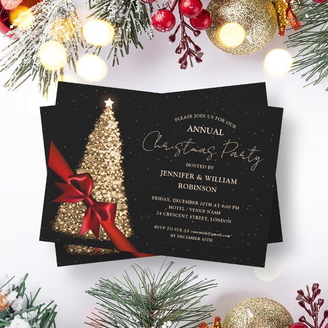 Elegante Gold Black Xmas Tree Ribbon Holiday Party Einladung (Elegant Gold Black Xmas Tree Ribbon Holiday Party Invitation)