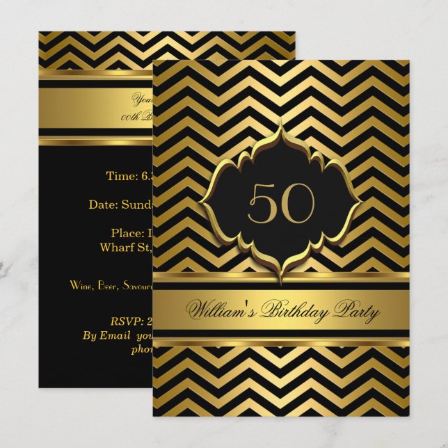Elegante Gold Black Zickzack Birthday Party Einladung (Vorne/Hinten)