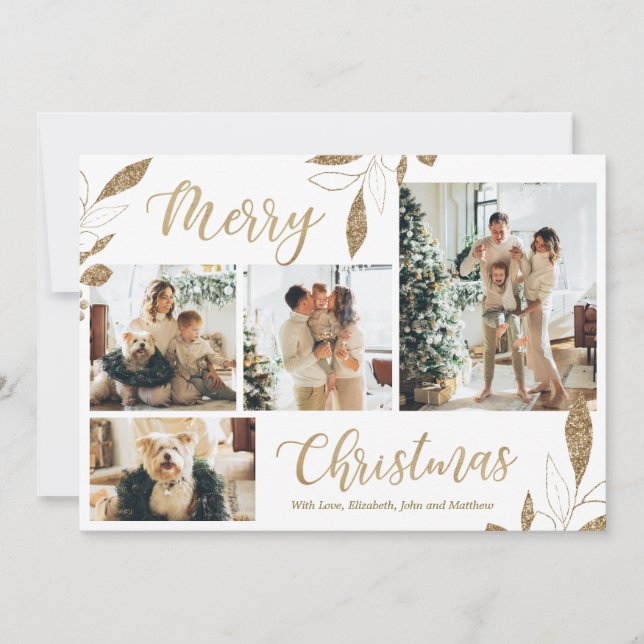 Elegante Gold Blätter 4 Foto Collage Weihnachtskar (Vorderseite)