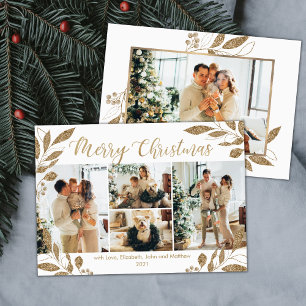 Elegante Gold Blätter 4 Foto Collage Weihnachtskar