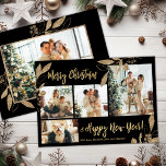 Elegante Gold Blätter 4 Foto Collage Weihnachtskar<br><div class="desc">Elegante, moderne Botanische Blätter aus Schwarz und Gold 4 FotoCollage Frohe Weihnachtskarte. Dieses festliche, mimimalistische, skurrile vier (4) Foto-Urlaubskarte-Template verfügt über eine hübsche Foto-Collage, Imitate Gold-Folie botanische Blätter, Winterbeeren und sagt Frohe Weihnachten und Glück Neues Jahr! Der Grußtext "Frohe Weihnachten und Glück im neuen Jahr" ist in einem handgeschriebenen Schriftzeichen-Schriftart...</div>