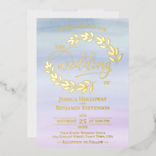 Elegante Gold Blätter auf Dusty Blue & Lilac Weddi Folieneinladung