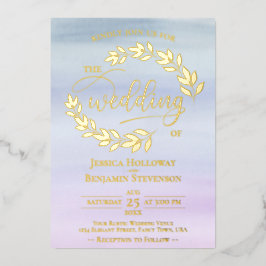 Elegante Gold Blätter auf Dusty Blue & Lilac Weddi Folieneinladung