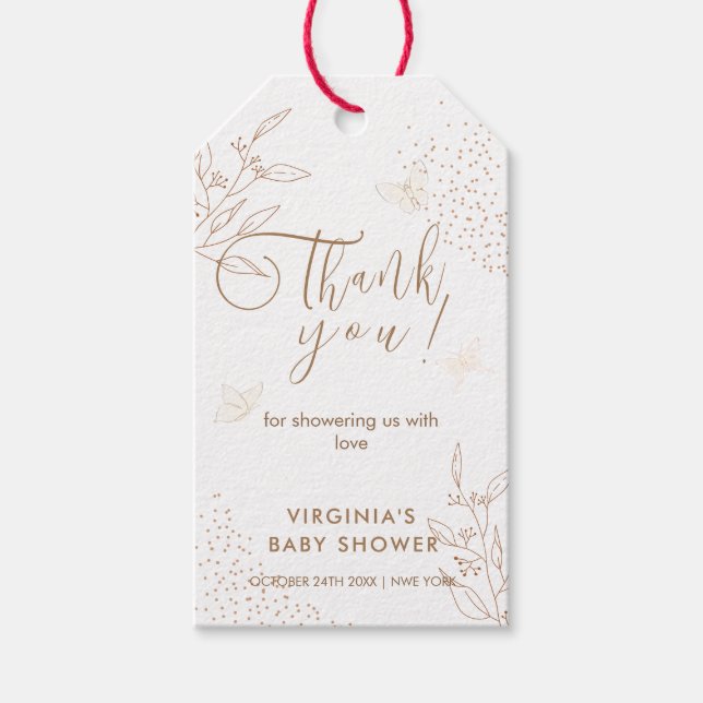 Elegante Gold Blätter Butterfly Baby Shower Geschenkanhänger (Vorderseite)