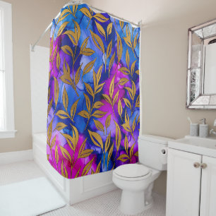 Elegante Gold Blätter Foliage Blue Lila Chic Duschvorhang