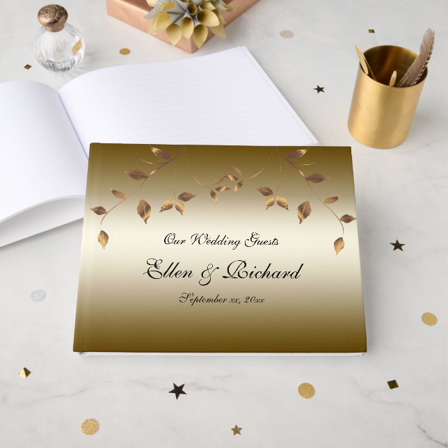 Elegante Gold-Blätter Hochzeit Gästebuch (Vorderseite Offen)