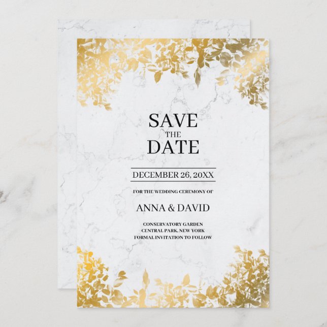 Elegante Gold Blätter - Save the Date Hochzeit Einladung (Vorne/Hinten)
