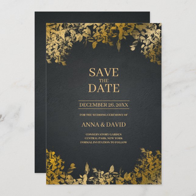 Elegante Gold Blätter, Schwarz Save the Date Hochz Einladung (Vorne/Hinten)