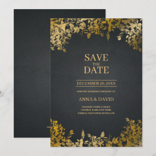 Elegante Gold Blätter, Schwarz Save the Date Hochz Einladung