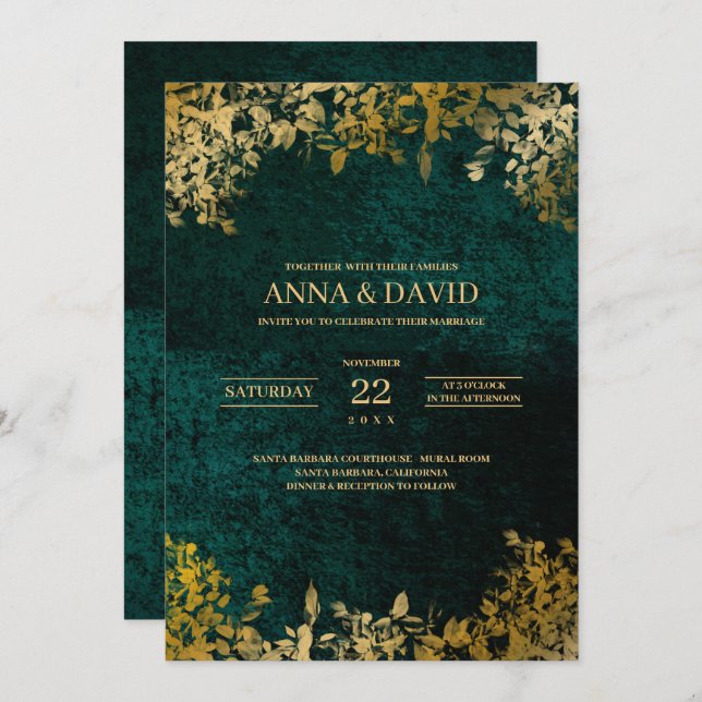Elegante Gold Blätter Velvet Green Wedding Einladung (Vorne/Hinten)