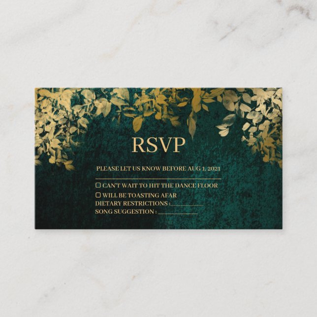 Elegante Gold Blätter Velvet Green Wedding Rsvp Ca Begleitkarte (Vorderseite)