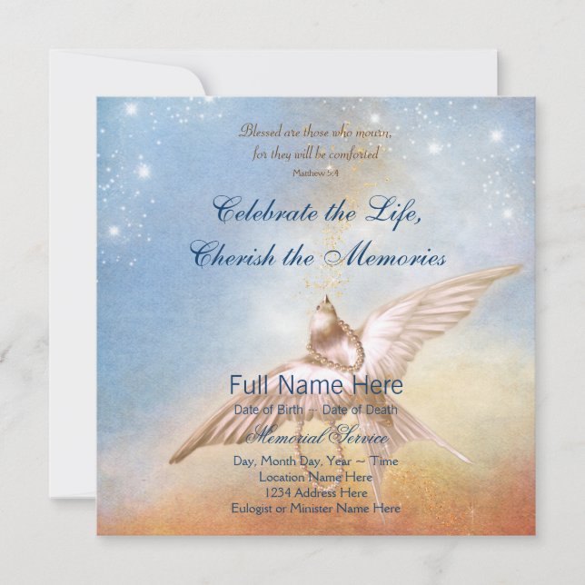 Elegante Gold Blue Dove in Love Memory Memorial Einladung (Vorderseite)