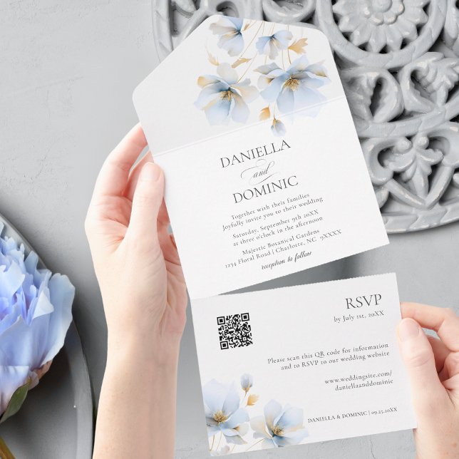 Elegante Gold Blue Floral Wildblumen QR Hochzeit All In One Einladung (Elegant Gold Blue Floral Wildflowers QR Wedding All In One Invitation)