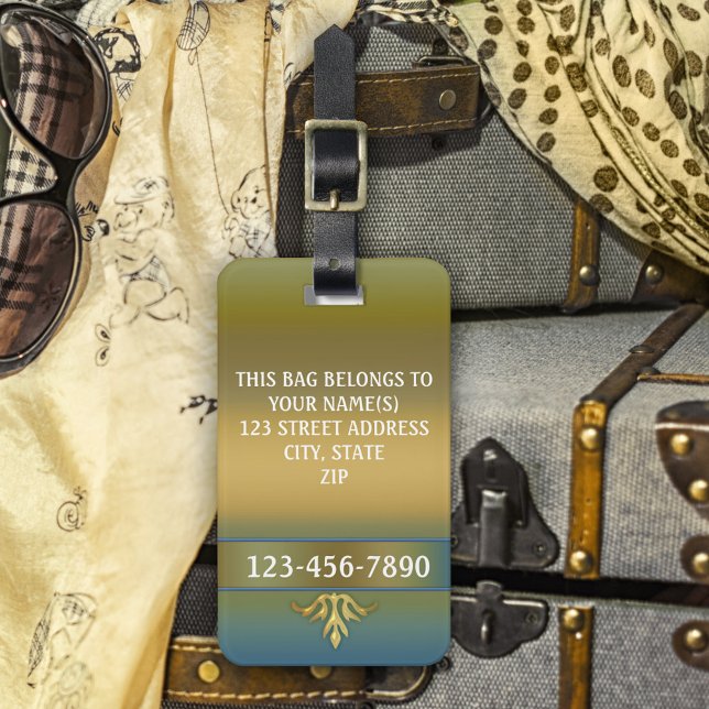 Elegante Gold Blue Green Stripe Gepäckmarke Gepäckanhänger (Von Creator hochgeladen)