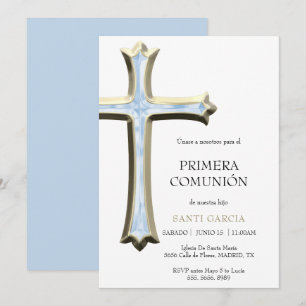 Elegante Gold & Blue Kreuz Kommunion Einladung