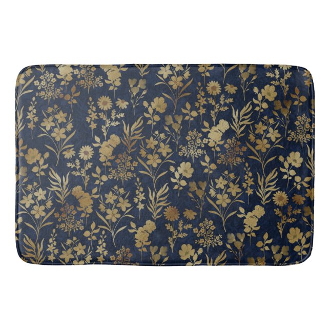 Elegante Gold Blume Blau Botanisch Badematte (Vorderseite)