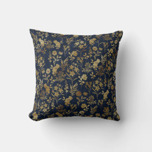 Elegante Gold Blume Blau Botanisch Kissen
